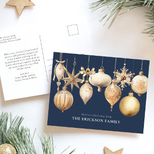 Blue Elegant Gold Christmas Watercolor Ornaments Holiday Postcard