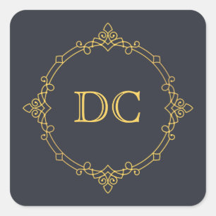 Blue Elegant Gold Design Monogram Square Sticker