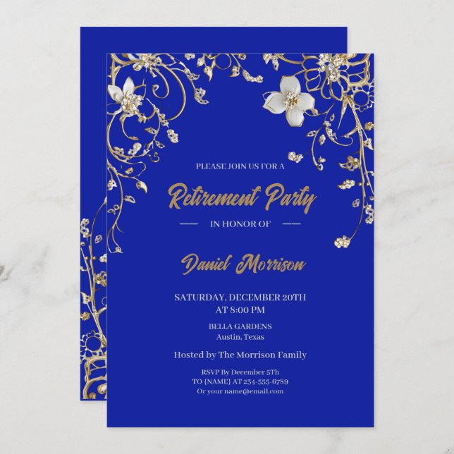 Blue Elegant Gold Floral Frame Retirement 2025 Invitation (Front/Back)