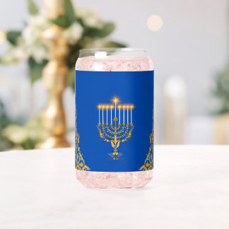 Blue Elegant Hanukkah Golden Menorah  Can Glass