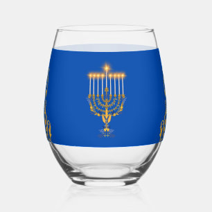 Blue Elegant Hanukkah Golden Menorah Stemless Wine Glass