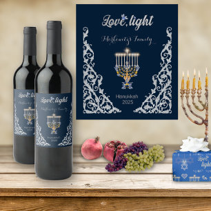 Blue Elegant Hanukkah Silver Menorah Family Name Wine Label