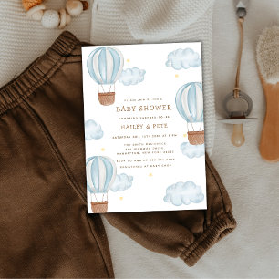 Blue Elegant Hot Air Balloon Cloud Boy Baby Shower Invitation
