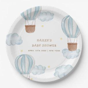 Blue Elegant Hot Air Balloon Cloud Boy Baby Shower Paper Plate