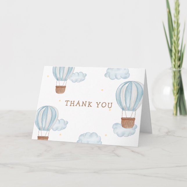 Blue Elegant Hot Air Balloon Cloud Boy Baby Shower Thank You Card (Front)