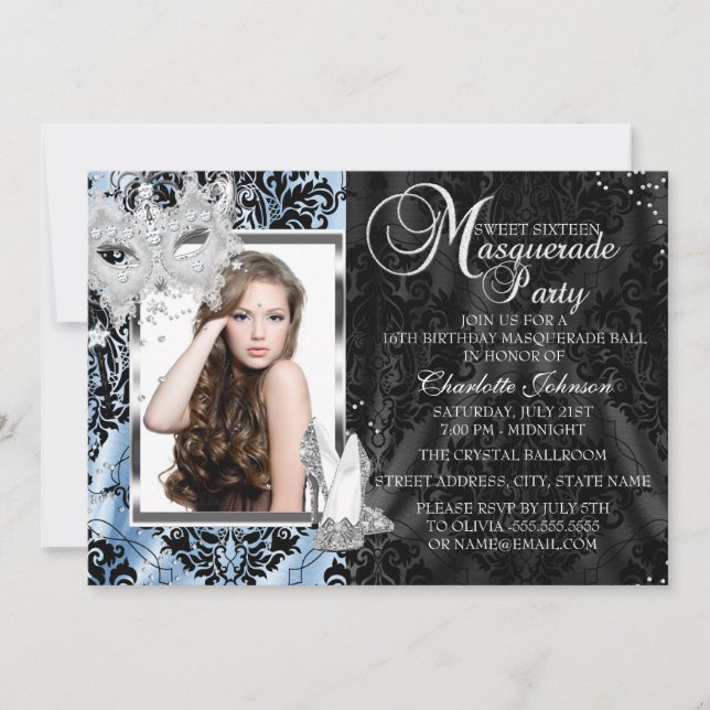 Blue Elegant Mask & Heels Masquerade Photo Sweet16 Invitation (Front)