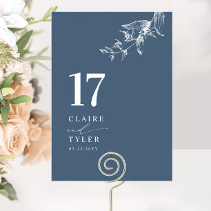 Blue Elegant, Minimal Botanical Wedding Table Number