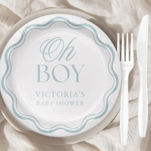 Blue Elegant Minimal Oh Boy Baby Shower Paper Plate