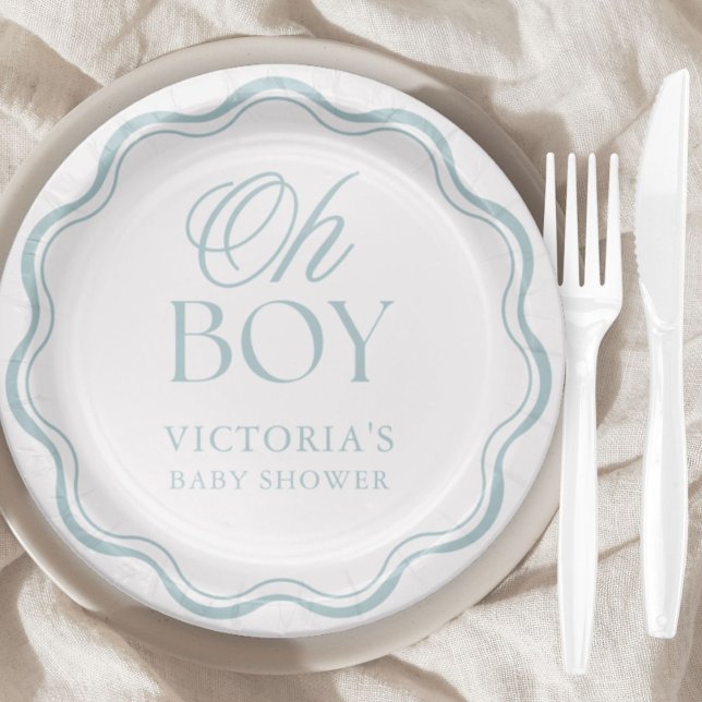 Blue Elegant Minimal Oh Boy Baby Shower Paper Plate (Creator Uploaded)