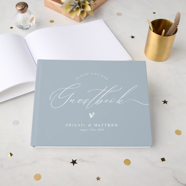 Blue Elegant Minimalist Modern Wedding Guestbook (Front Open)
