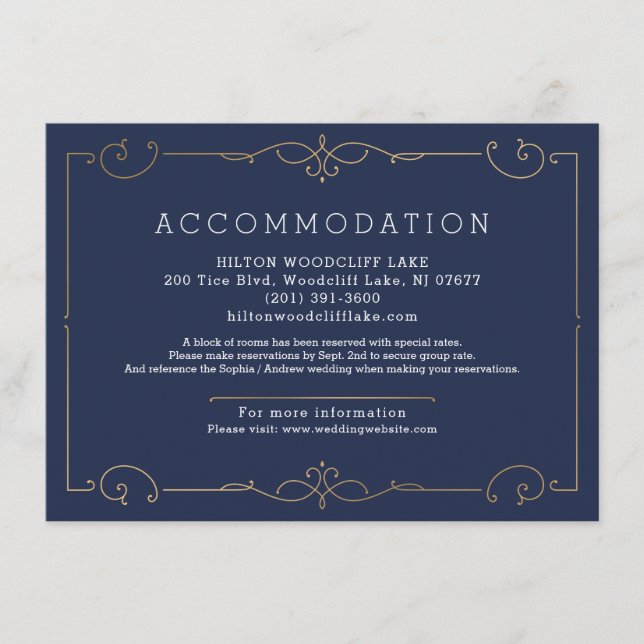 Blue elegant modern classic wedding accommodation enclosure card (Front)