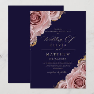 Blue Elegant Modern Dusty Roses Wedding Invitation