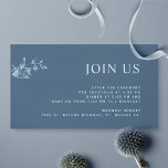Blue Elegant Modern Join Us Reception Wedding Enclosure Card<br><div class="desc">Elegant, blue contemporary "Join Us" wedding reception enclosure card, with all text sections open to customisation. Leave the title as "JOIN US" or change it to "RECEPTION", "TIMELINE" or another. Design in a darker blue background with light blue text in a modern elegant typography. Elegant and minimal design with fine...</div>
