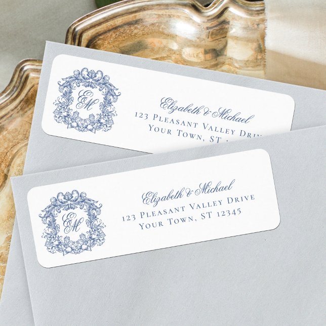 Blue Elegant Monogram Crest Wedding Return Address (Creator Uploaded)