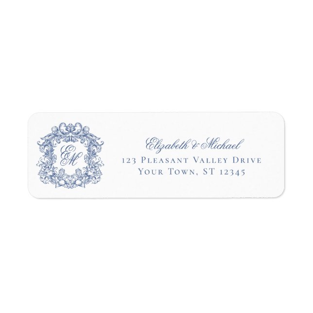 Blue Elegant Monogram Crest Wedding Return Address (Front)