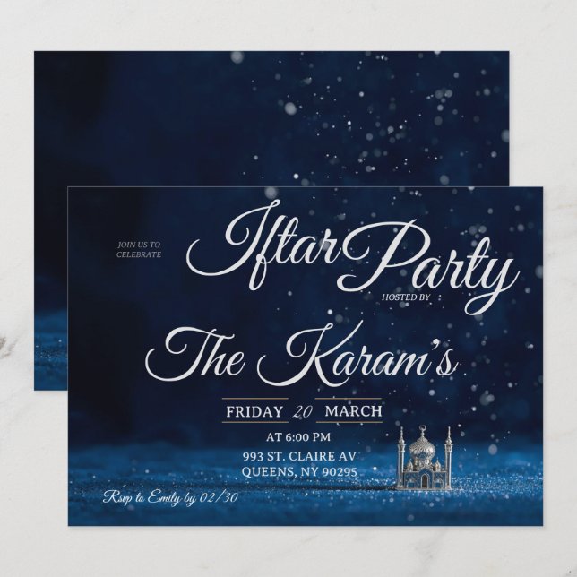 Blue Elegant Mosque Ramadan Iftar Party  Invit Invitation (Front/Back)