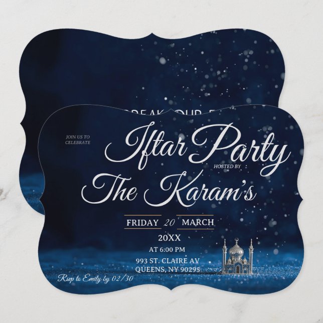 Blue Elegant Mosque Ramadan Iftar Party  Invitation (Front/Back)