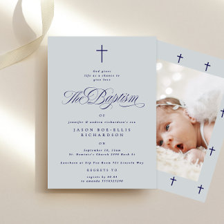 Blue Elegant Navy Cross Boy Photo Baptism Invitation
