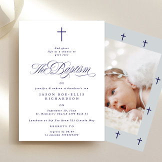 Blue Elegant Navy Cross Boy Photo Baptism Invite