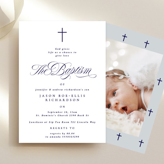 Blue Elegant Navy Cross Boy Photo Baptism Invite (Creator Uploaded)