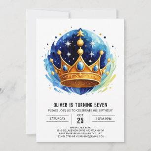 Blue Elegant Prince Crown Birthday Invitation