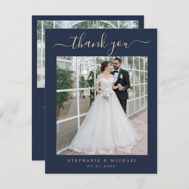 Blue Elegant Script 2 Photo Wedding Gold Script Thank You Card (Front/Back)