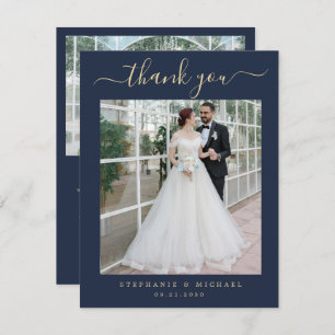Blue Elegant Script 2 Photo Wedding Gold Script Thank You Card