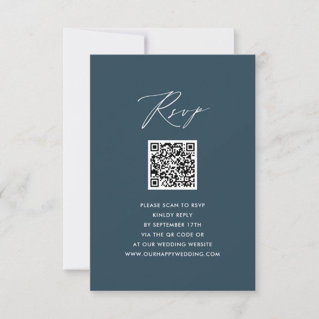 Blue Elegant Script Minimalist QR Wedding RSVP Card (Front)