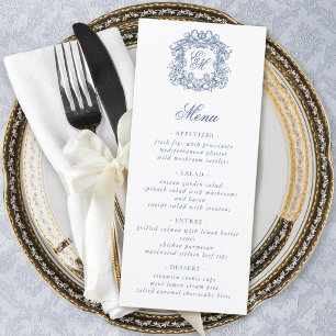 Blue Elegant Script Monogram Crest Wedding Menu