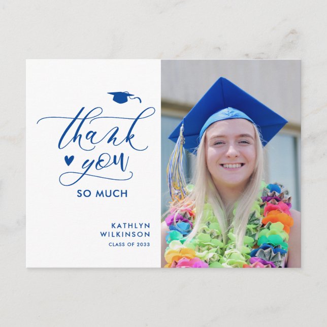 Blue Elegant Script Photo Graduation Thank You Postcard (Front)