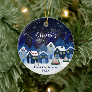 Blue Elegant Snow House Baby's Frist Christmas Ceramic Tree Decoration