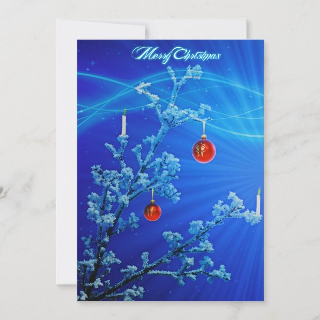 Blue Elegant Snow Stars Balls Tree Merry Christmas Holiday Card (Front)
