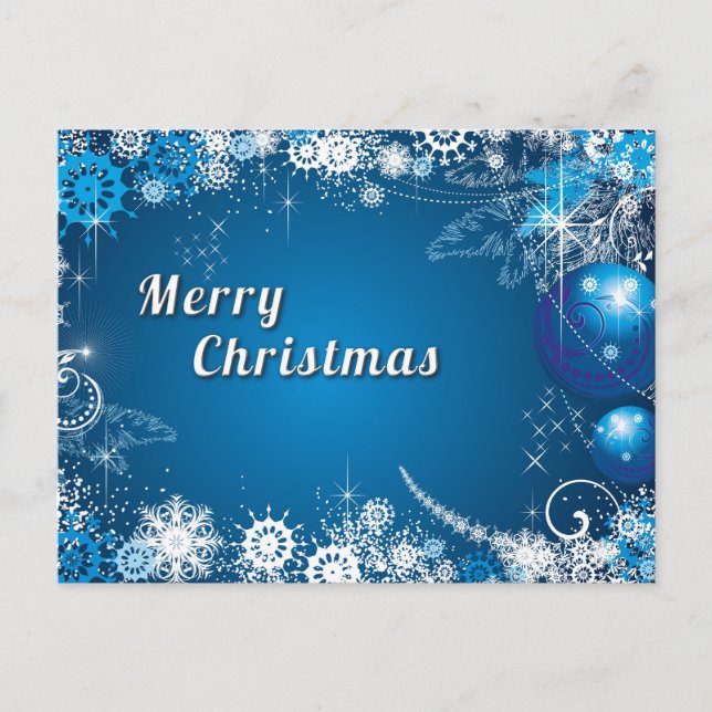 Blue Elegant Snow Stars Balls Tree Merry Christmas Holiday Postcard (Front)