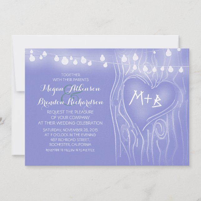 Blue elegant string lights tree romantic wedding invitation (Front)