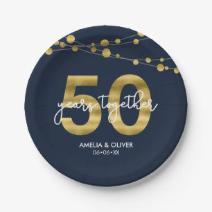 Blue Elegant Strings of Lights 50th Anniversary Paper Plate