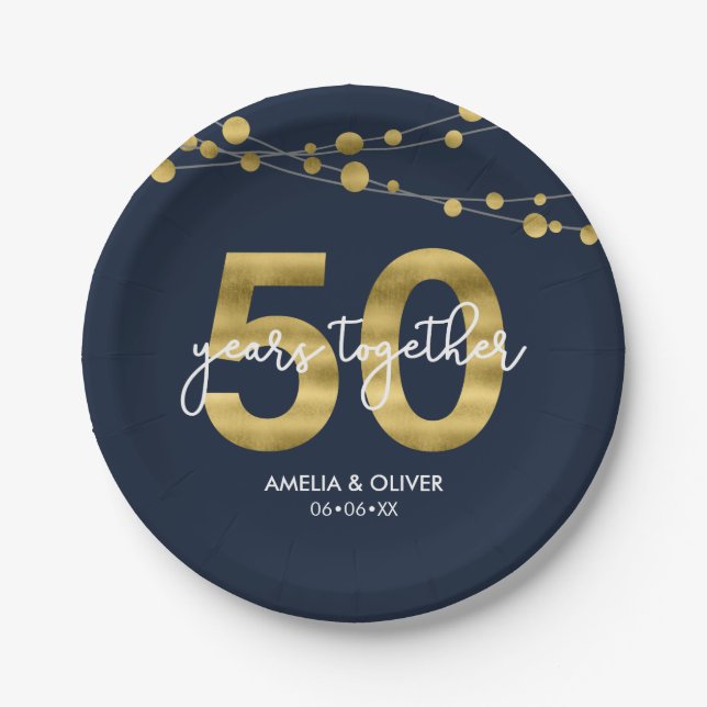 Blue Elegant Strings of Lights 50th Anniversary Paper Plate (Front)
