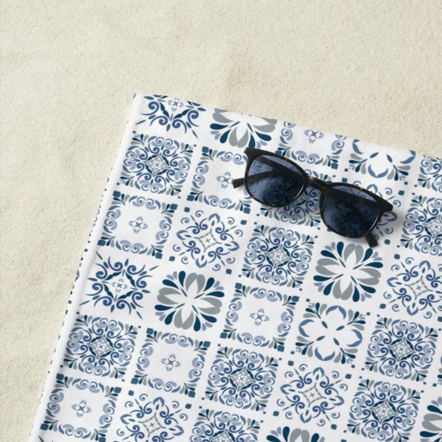 Blue Elegant Tile Vintage Beach Towel (In Situ)
