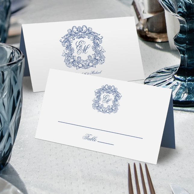Blue Elegant Vintage Crest Monogram Wedding Place Card (Creator Uploaded)