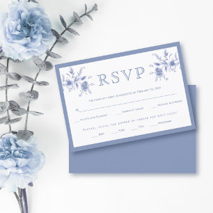 Blue elegant vintage floral arrangement wedding RSVP card
