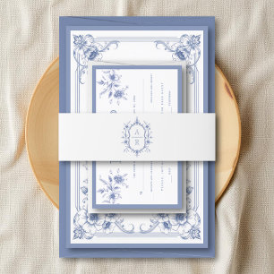 Blue elegant vintage floral crest monogram wedding invitation belly band