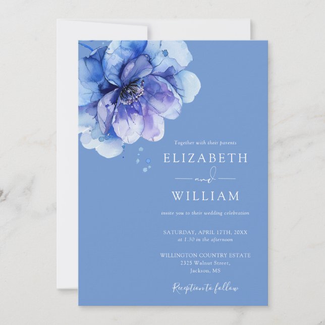 Blue Elegant Watercolor Botanical Floral Wedding Invitation (Front)