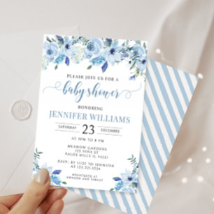 Blue elegant watercolor floral baby boy shower invitation