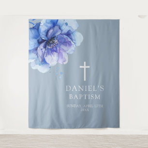 Blue Elegant Watercolor Floral Baptism Backdrop Tapestry