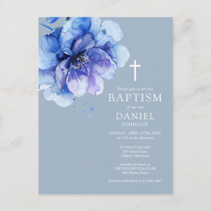  Blue Elegant Watercolor Floral Baptism Invitation Postcard