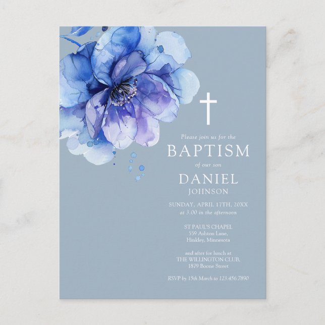  Blue Elegant Watercolor Floral Baptism Invitation Postcard (Front)