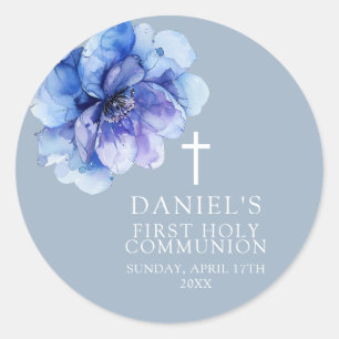 Blue Elegant Watercolor Floral Holy Communion Classic Round Sticker