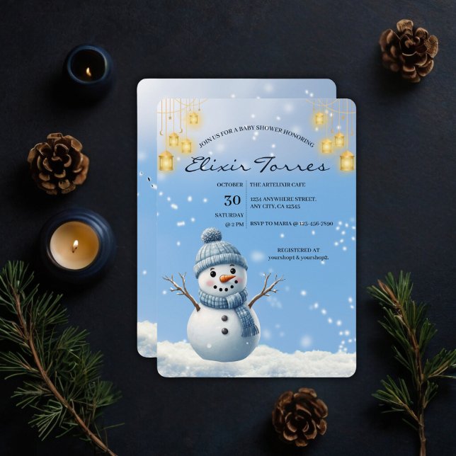 Blue Elegant Whimsical Winter Snowman Baby Shower  Invitation (Creator Uploaded)