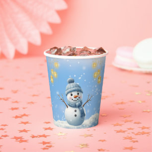 Blue Elegant Whimsical Winter Snowman Baby Shower Paper Cups