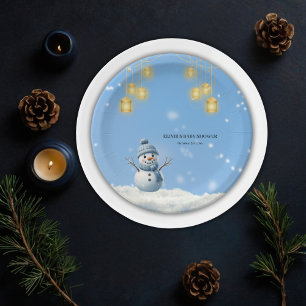 Blue Elegant Whimsical Winter Snowman Baby Shower Paper Plate