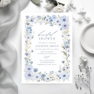 Blue Elegant Wildflower Border Bridal Shower Invitation
